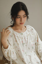Cotton Tulip Print Lace Trim Full Length Pajama Set