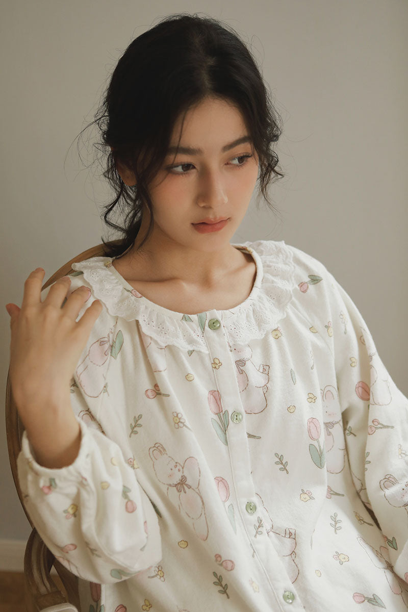 Cotton Tulip Print Lace Trim Full Length Pajama Set