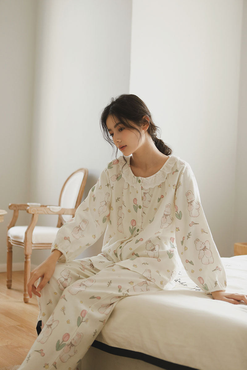 Cotton Tulip Print Lace Trim Full Length Pajama Set