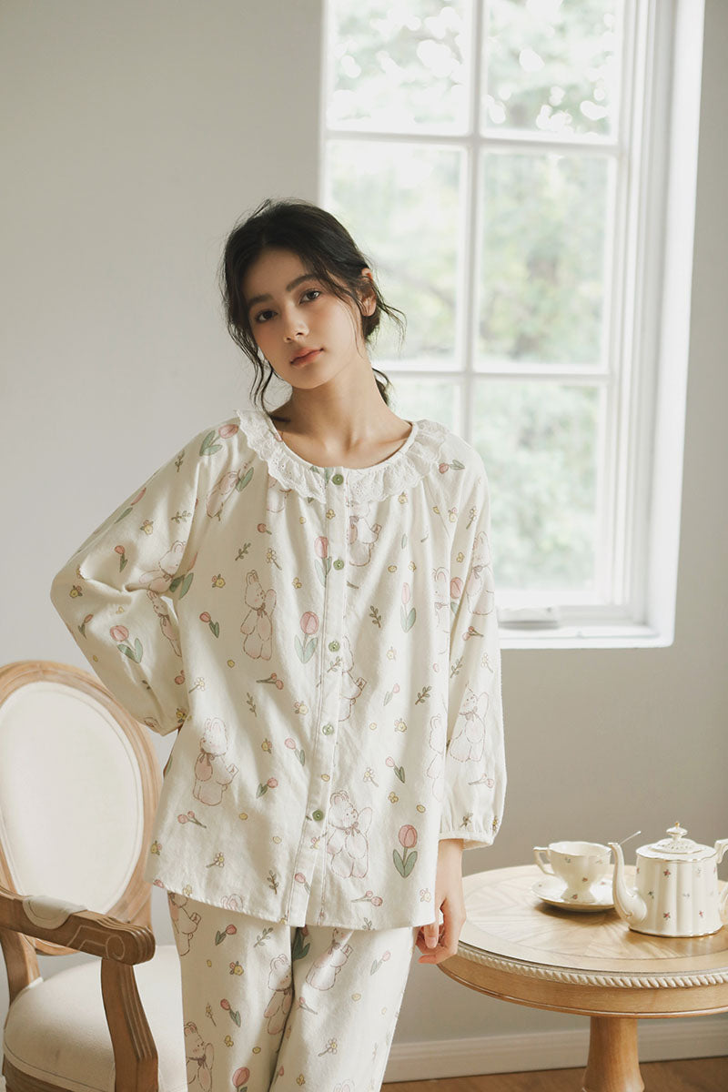 Cotton Tulip Print Lace Trim Full Length Pajama Set