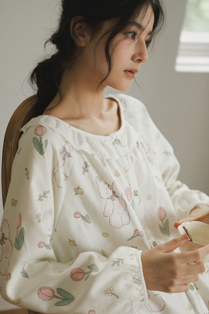 Cotton Tulip Print Full-Length Nightgown