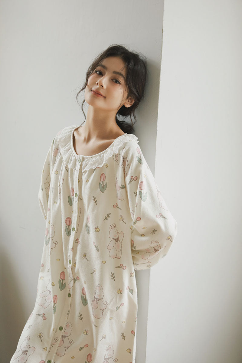 Cotton Tulip Print Full-Length Nightgown