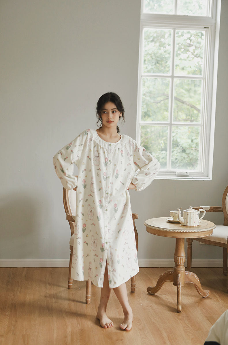 Cotton Tulip Print Full-Length Nightgown