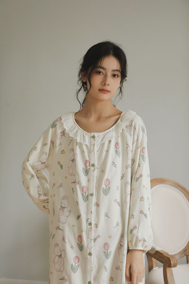 Cotton Tulip Print Full-Length Nightgown