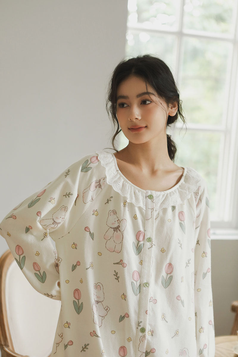 Cotton Tulip Print Full-Length Nightgown