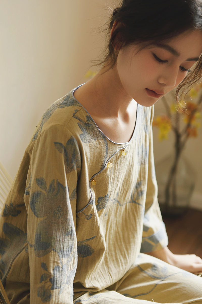 Cotton Oriental Classical Style Orchid Print Pajama Set