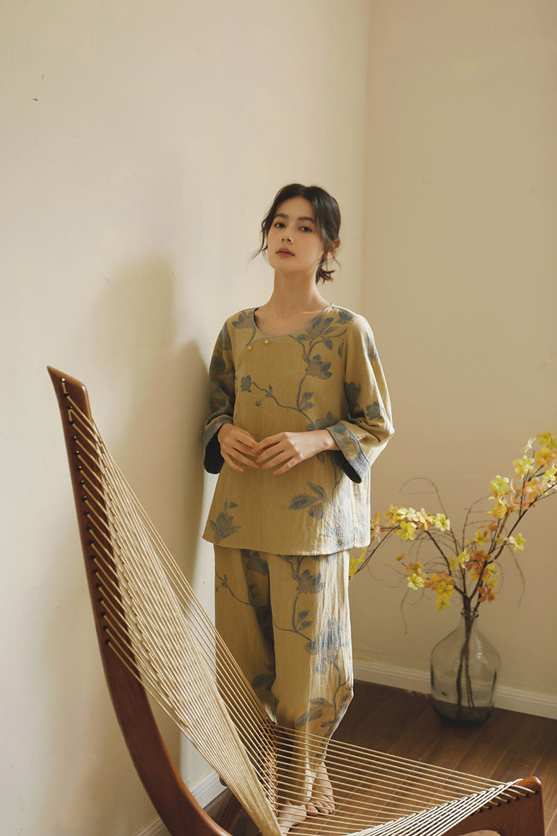 Cotton Oriental Classical Style Orchid Print Pajama Set