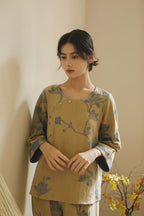 Cotton Oriental Classical Style Orchid Print Pajama Set