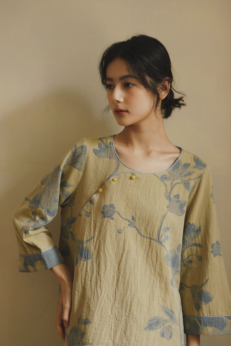 Cotton Oriental Classical Style Orchid Print Pajama Set