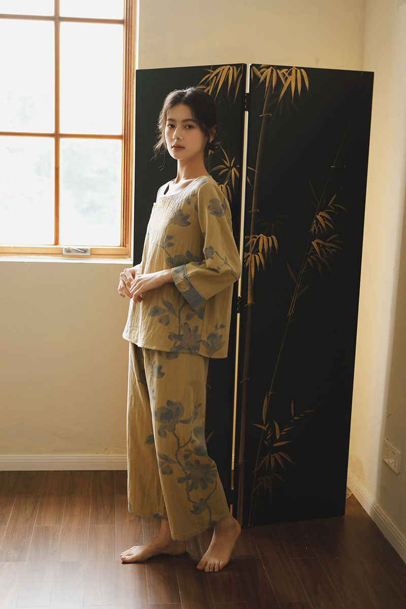 Cotton Oriental Classical Style Orchid Print Pajama Set