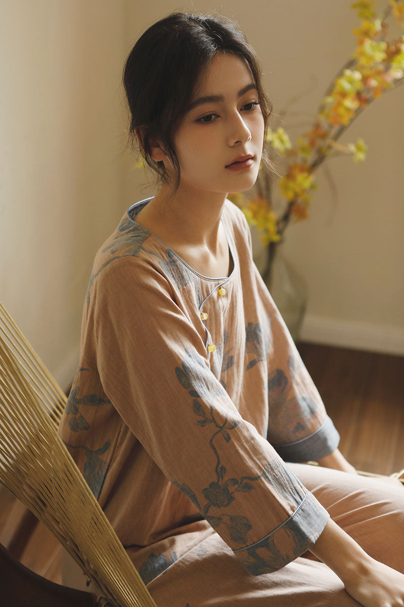 Cotton Oriental Classical Style Orchid Print Pajama Set