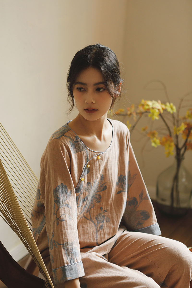 Cotton Oriental Classical Style Orchid Print Pajama Set