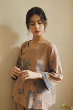 Cotton Oriental Classical Style Orchid Print Pajama Set