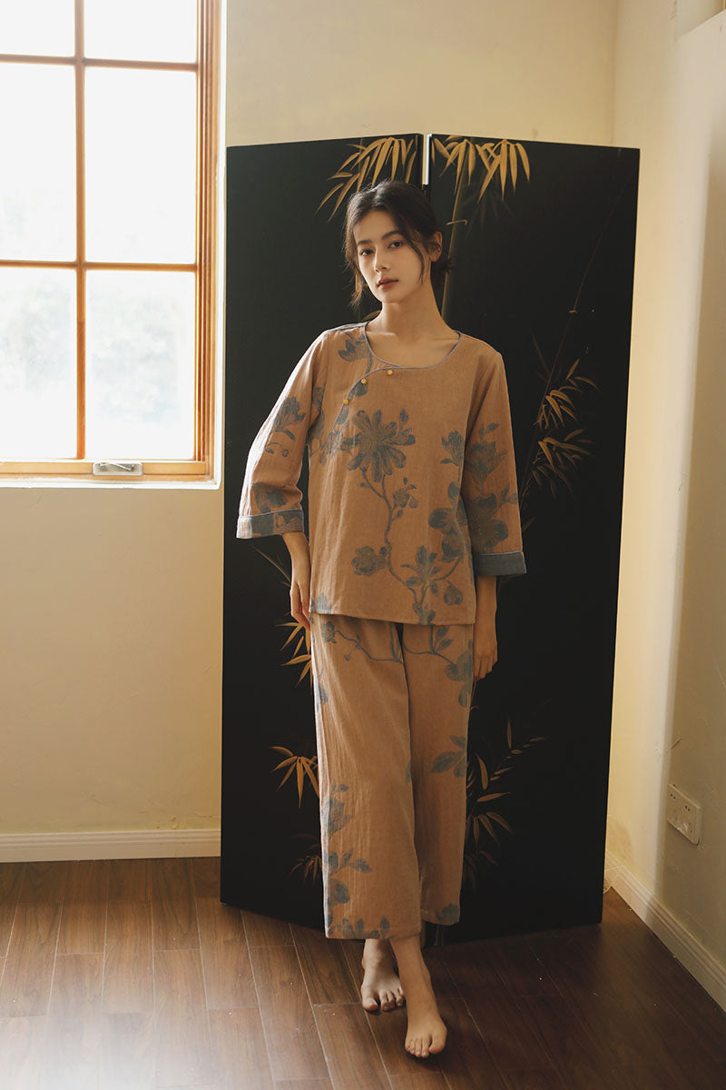 Cotton Oriental Classical Style Orchid Print Pajama Set