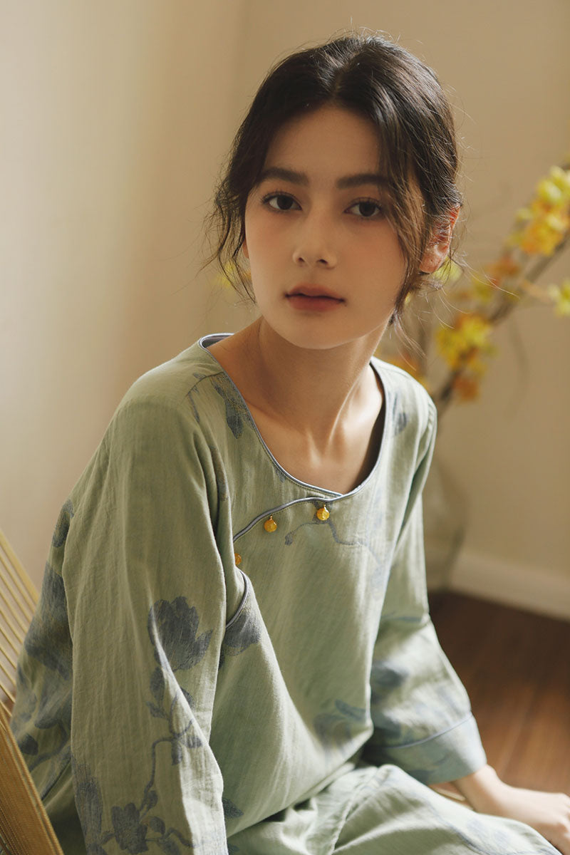 Cotton Oriental Classical Style Orchid Print Pajama Set