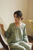Cotton Oriental Classical Style Orchid Print Pajama Set
