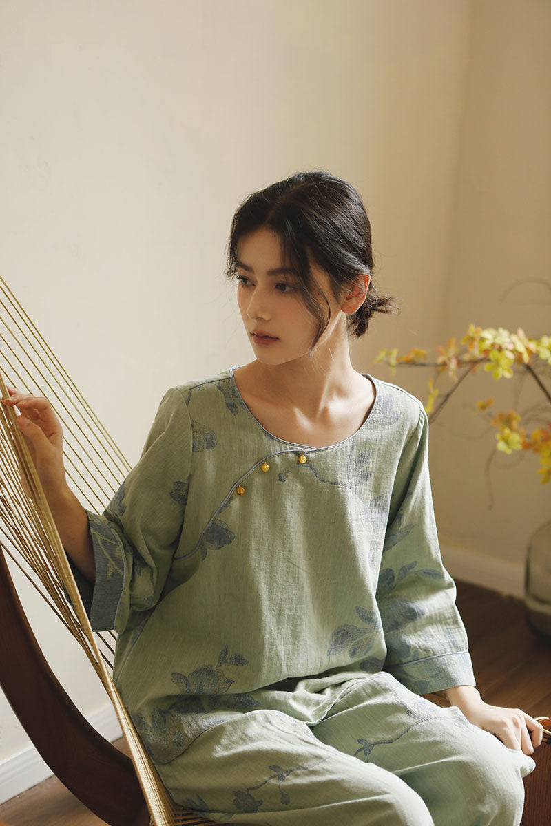Cotton Oriental Classical Style Orchid Print Pajama Set