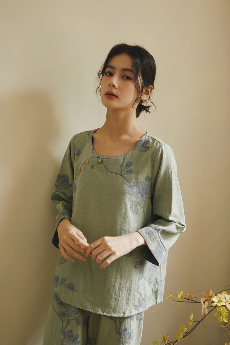Cotton Oriental Classical Style Orchid Print Pajama Set