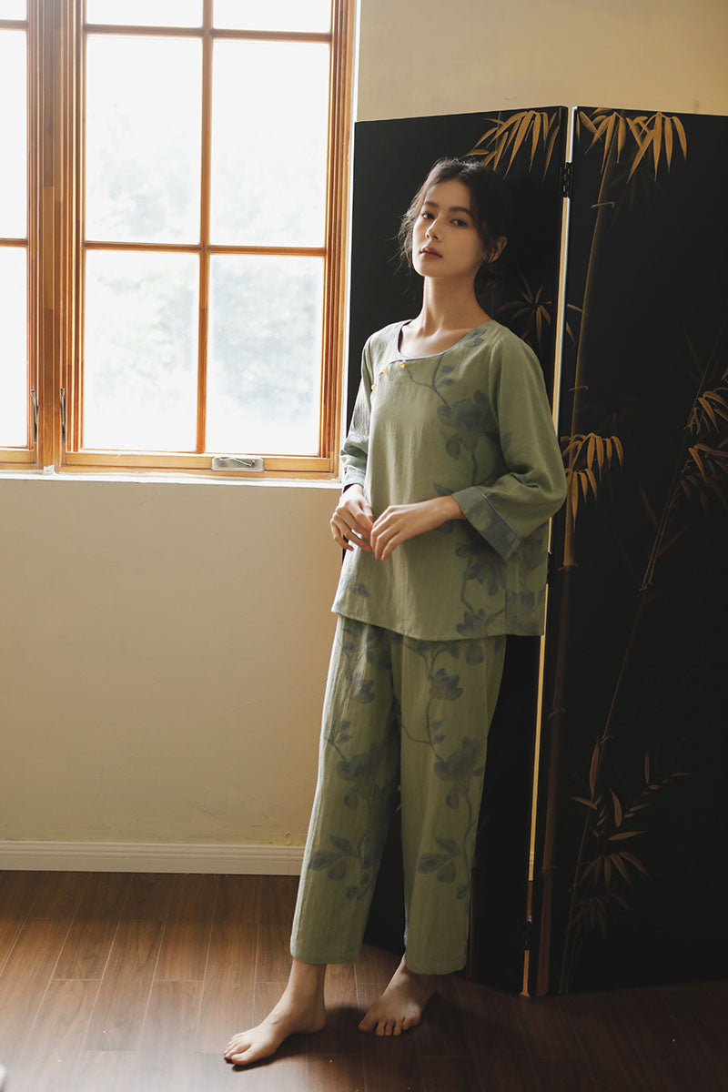 Cotton Oriental Classical Style Orchid Print Pajama Set