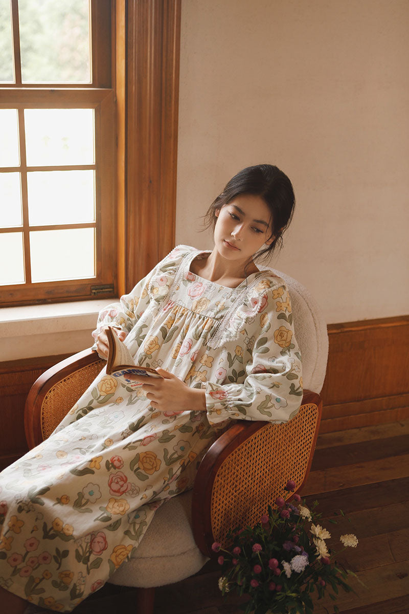 Cotton Floral Print Lace Trim Nightgown
