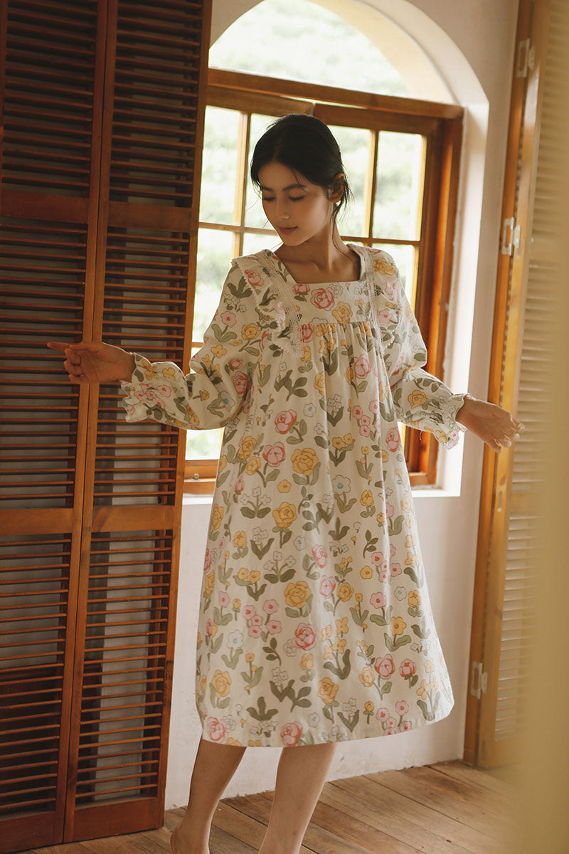 Cotton Floral Print Lace Trim Nightgown