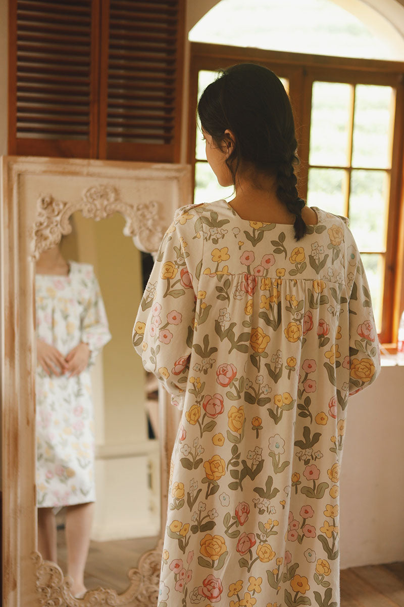 Cotton Floral Print Lace Trim Nightgown