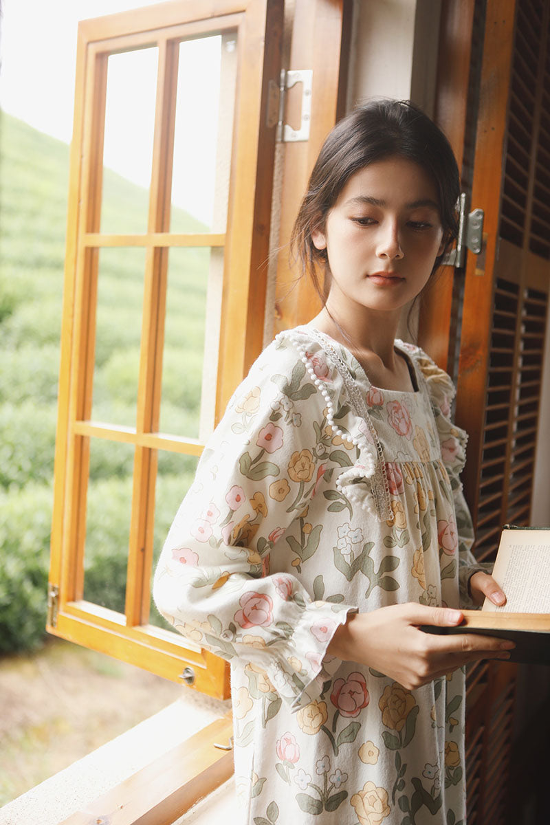 Cotton Floral Print Lace Trim Nightgown