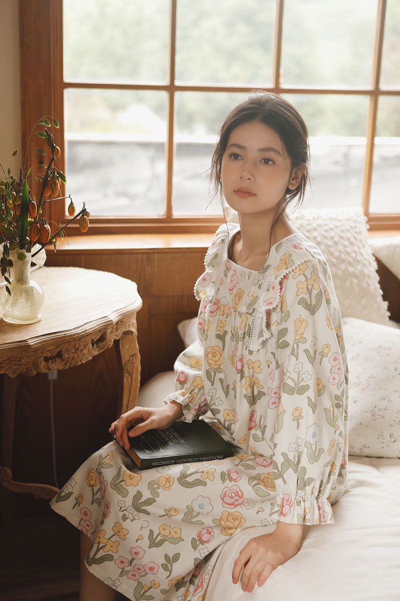Cotton Floral Print Lace Trim Nightgown