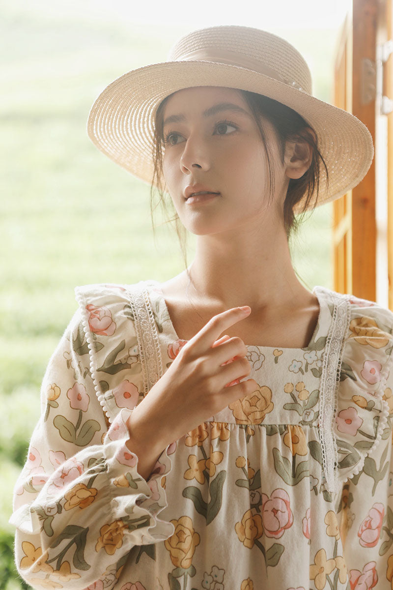Cotton Floral Print Lace Trim Nightgown