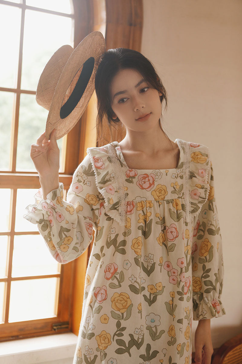 Cotton Floral Print Lace Trim Nightgown