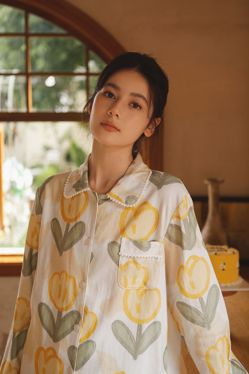 Cotton Tulip Print Full Length Pajama Set
