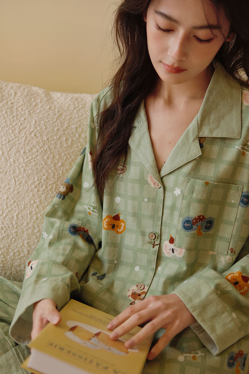 Cotton Classic Plaid Cartoon Print Pajama Set