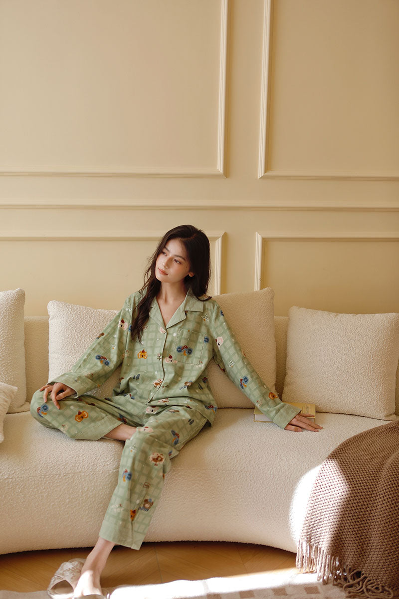 Cotton Classic Plaid Cartoon Print Pajama Set
