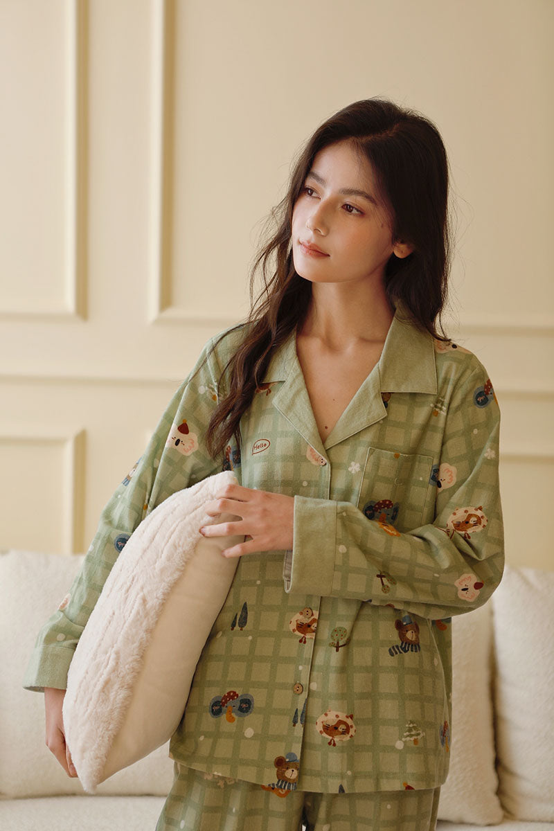 Cotton Classic Plaid Cartoon Print Pajama Set