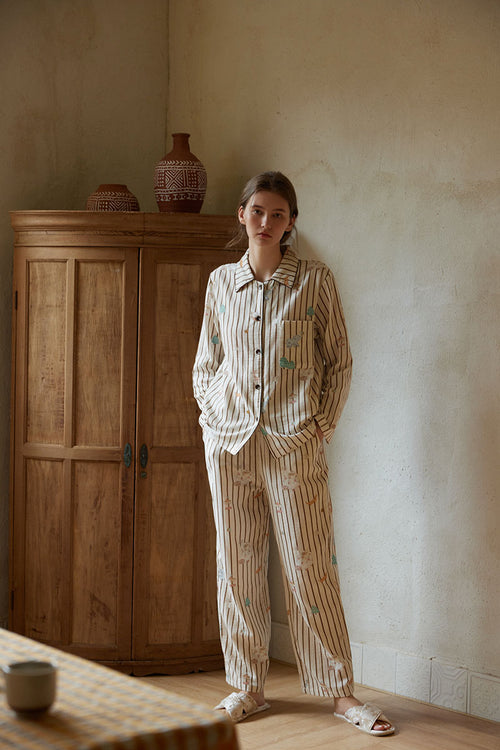 Cotton Cartoon Striped Print Full Length Pajama Set