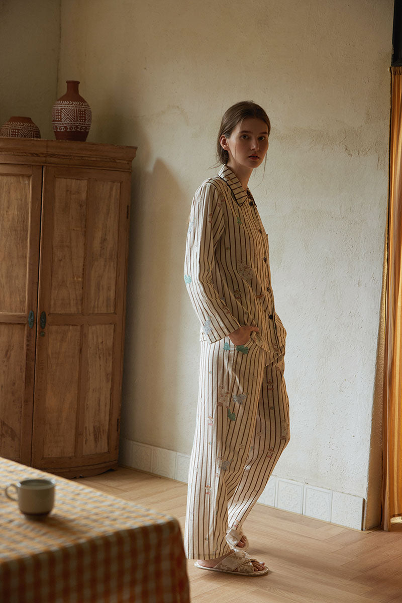 Cotton Cartoon Striped Print Full Length Pajama Set