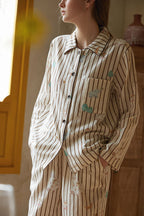 Cotton Cartoon Striped Print Full Length Pajama Set