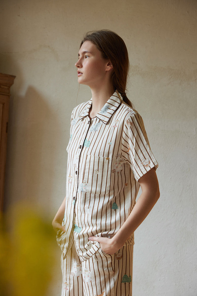 Cotton Cartoon Striped Print Short Sleeve Pajama Set