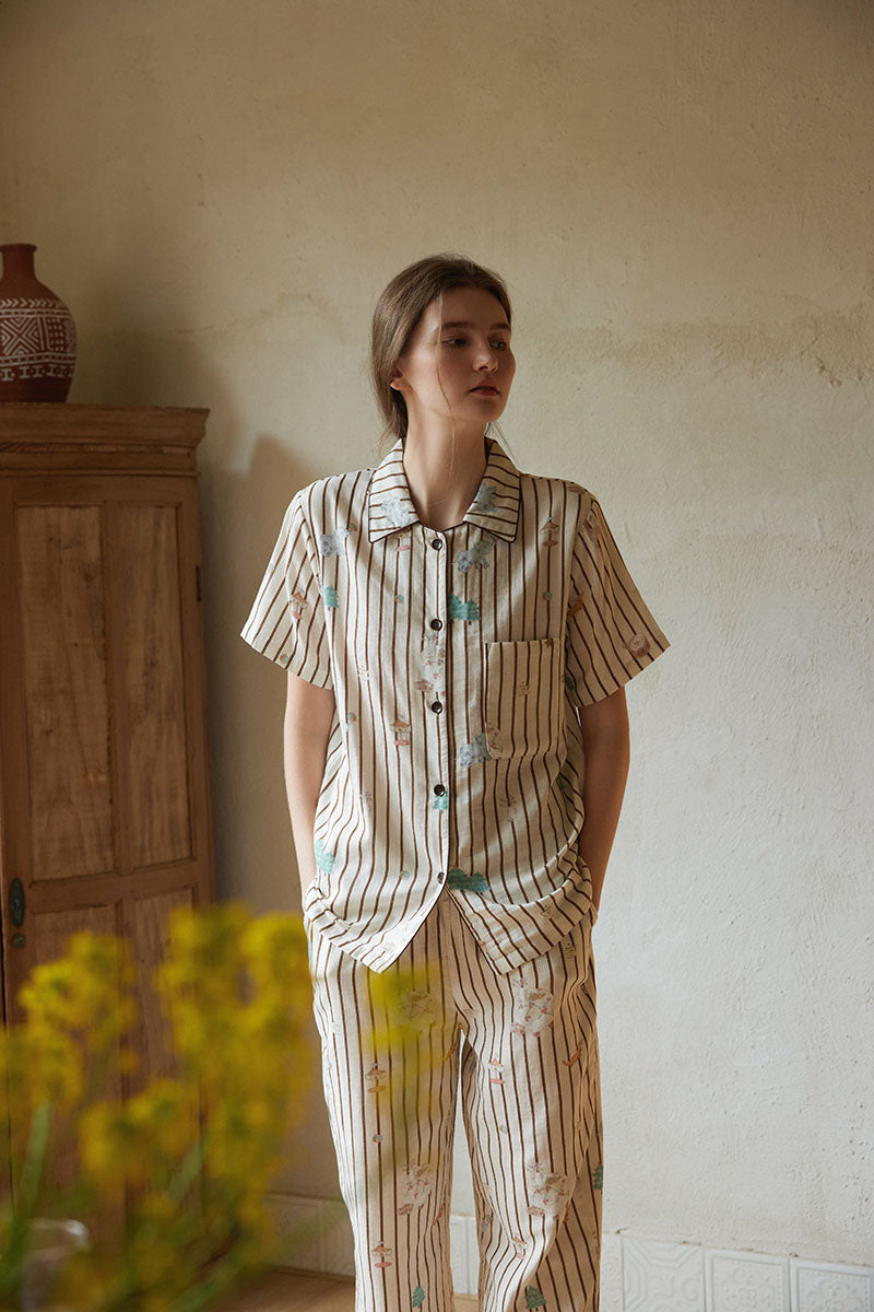 Cotton Cartoon Striped Print Short Sleeve Pajama Set