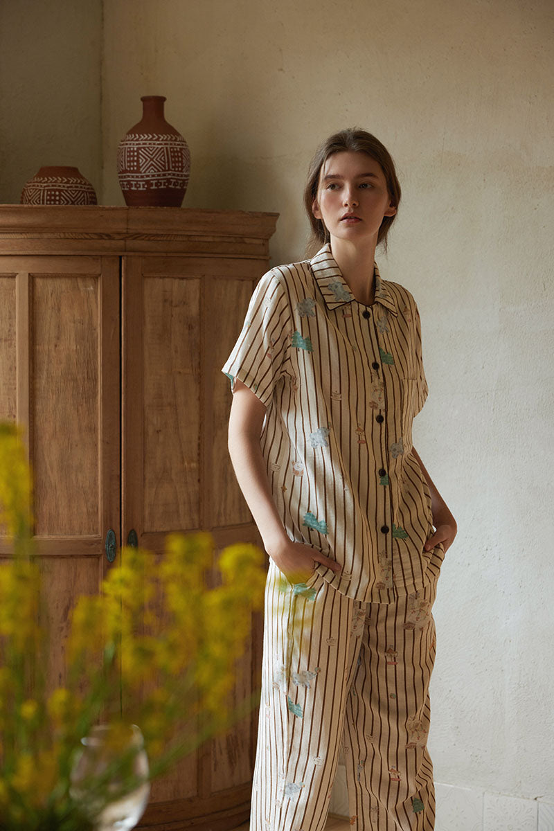 Cotton Cartoon Striped Print Short Sleeve Pajama Set