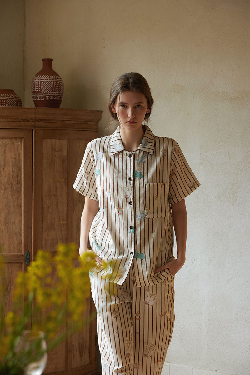 Cotton Cartoon Striped Print Short Sleeve Pajama Set