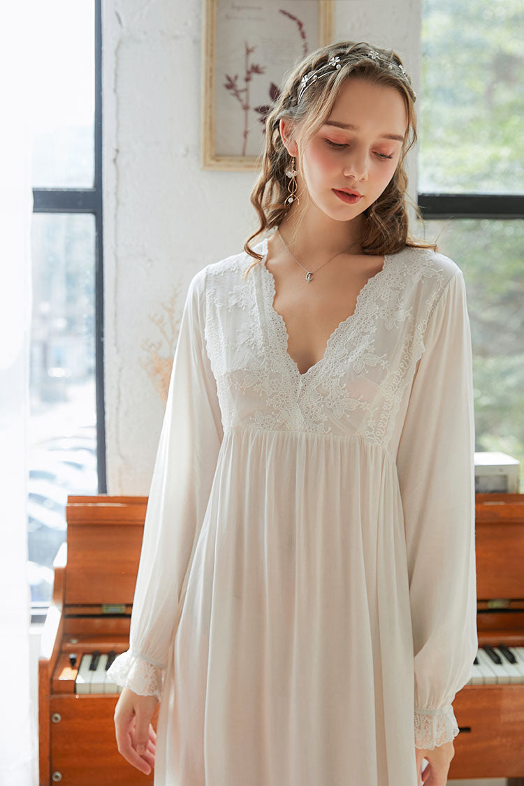 Lace Trimmed V-neck Long Nightgown