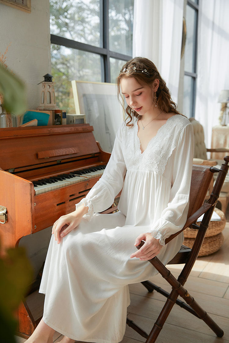 Lace Trimmed V-neck Long Nightgown