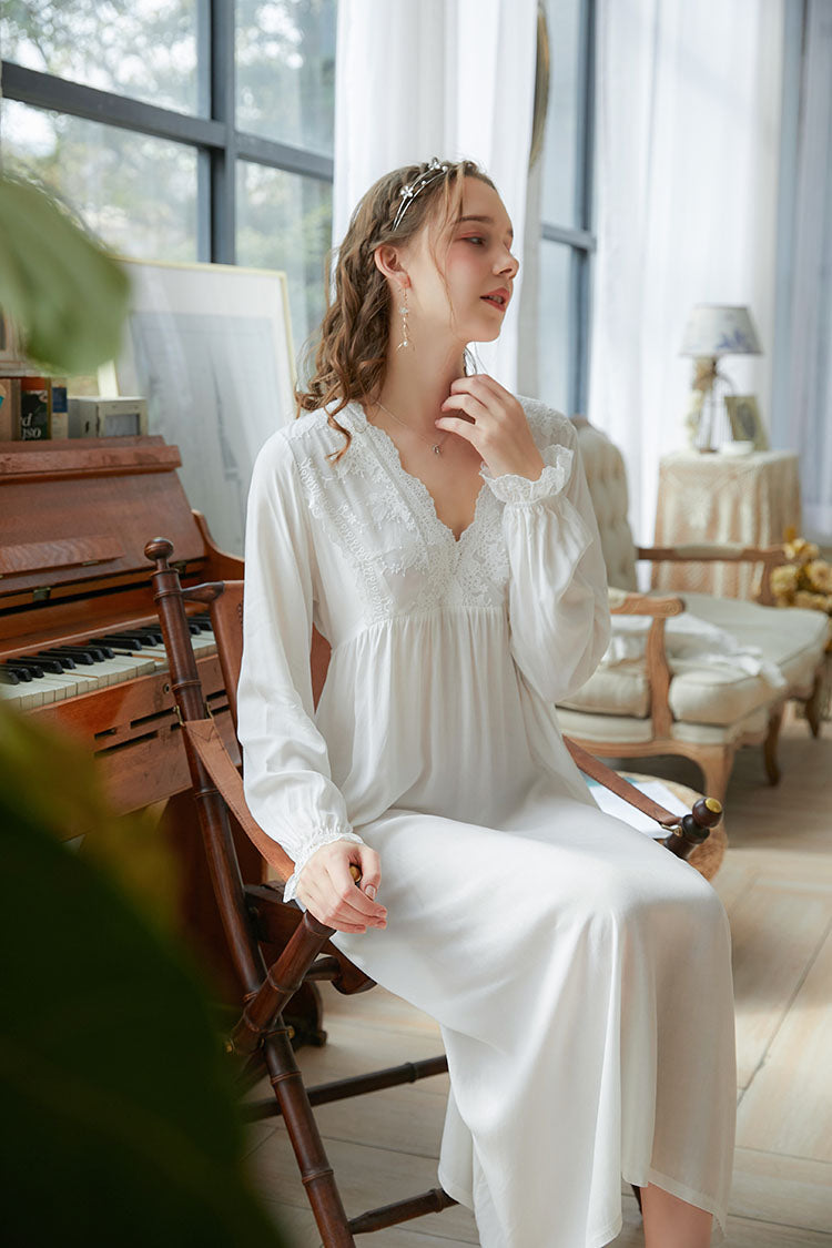 Lace Trimmed V-neck Long Nightgown