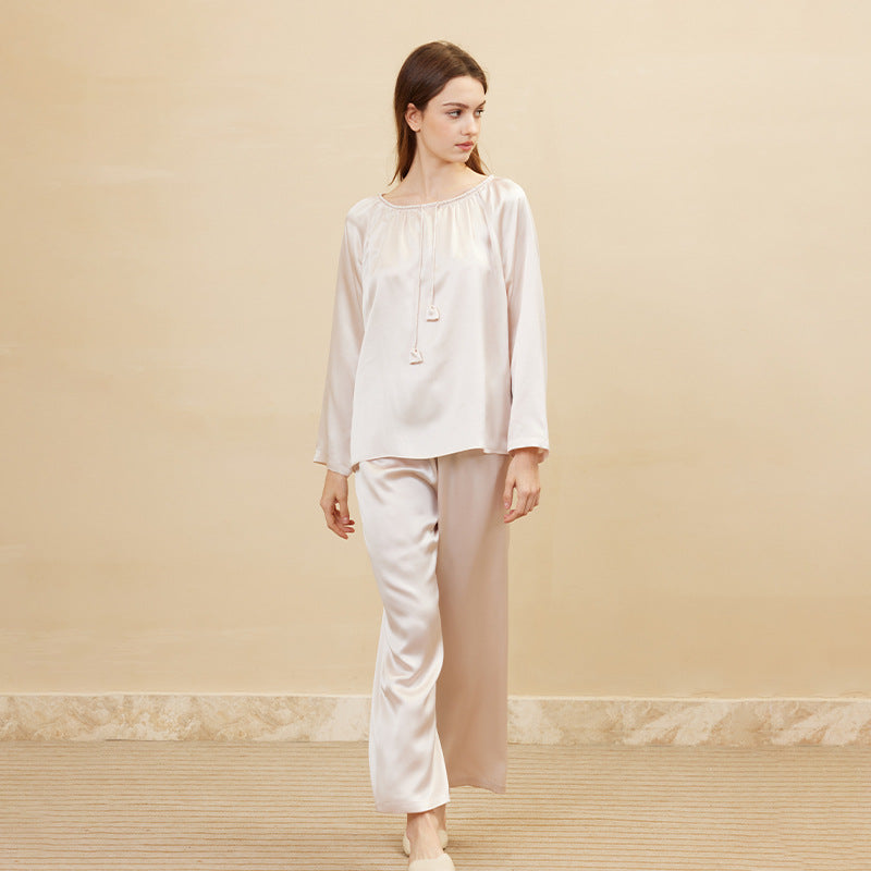 Round Neck Drawstring Top & Pants Silk Pajama Set