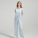 Silk Pajama Set with Lace Detailing on Sleeves and Pant Sides