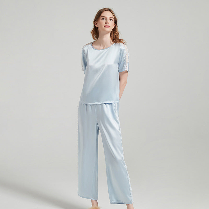 Silk Pajama Set with Lace Detailing on Sleeves and Pant Sides
