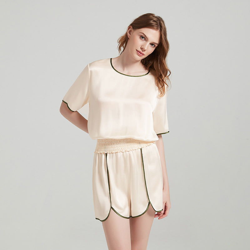 Contrast Color Trim Silk Short Sleeved Top and Shorts Pajama Set