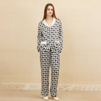 Classic Contrast Color Houndstooth Pattern Silk Pajama Set