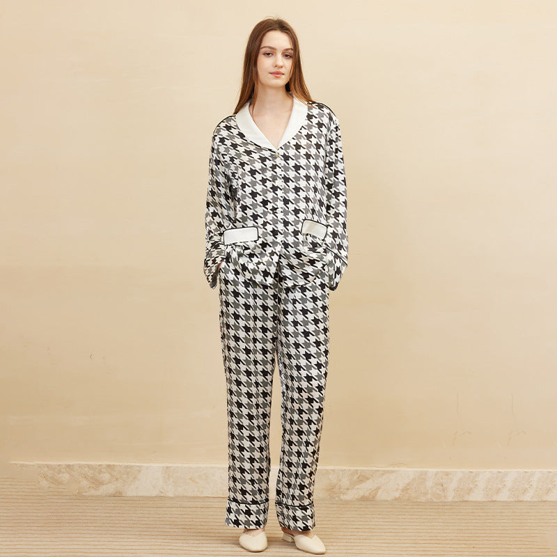 Classic Contrast Color Houndstooth Pattern Silk Pajama Set